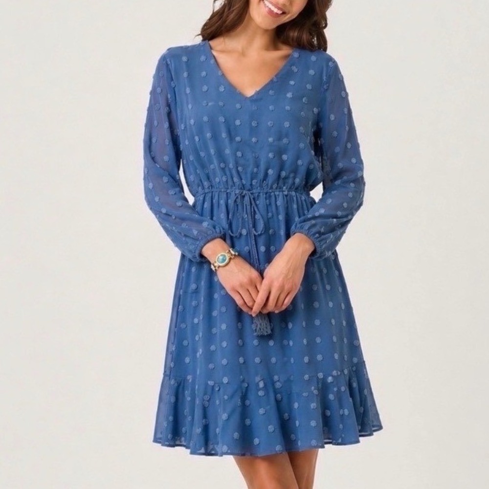 Kirundo Blue Long Sleeve V Neck Flowy Mini Dress
